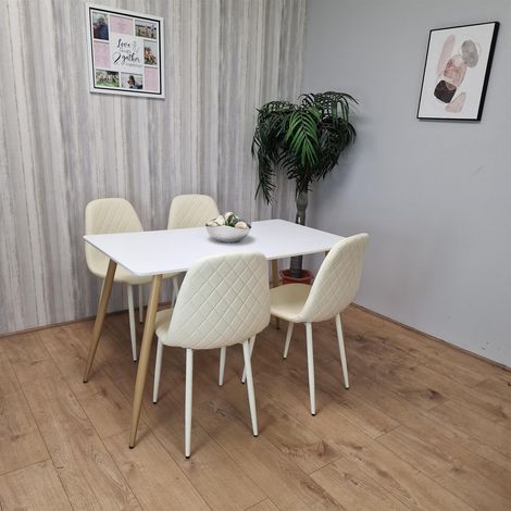 Wooden Dining Table with 4 Cream Gem Patterned Chairs White Table with Cream Chairs (1/5)