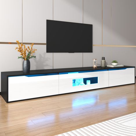 Meuble TV Suspendu ou Posé 180 cm avec Éclairage LED 16 Couleurs - Banc TV Design Moderne Laqué Haute Brillance et Style Bois - Noir (1/5)