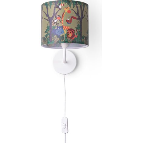 Paco Home Tischlampe Kinderzimmer Nachtisch Lampe Stoffschirm Wandleuchte RundTiere Wandleuchte - Weiß, Design 4 (Ø18 cm) (1/4)