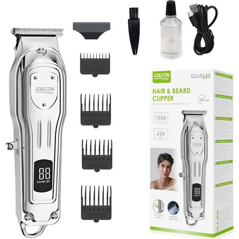 Tondeuse à cheveux Green LYCA GL69649 argentée avec affichage numérique, 60 minutes d'autonomie, 4 sabots, USB, 7000 tr/min. Idéale pour la barbe et les cheveux. (1/4)