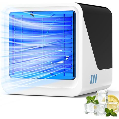 Climatiseur Mobile, 3 en 1 USB Rafraichisseur d'Air Silencieux, Ventilateur avec Eau 500 ml, 3 Vitesses, Lumière 7 Couleurs, Rafraîchisseur d'Air sans Évacuation pour Usage Personnel, Chambre, Bureau (1/5)