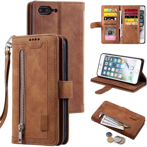 Wallet Case for iPhone 7 Plus iPhone 8 Plus, 9 Card Holder Slots Zipper Pocket Handbag Case PU Leather Case - Brown (1/5)