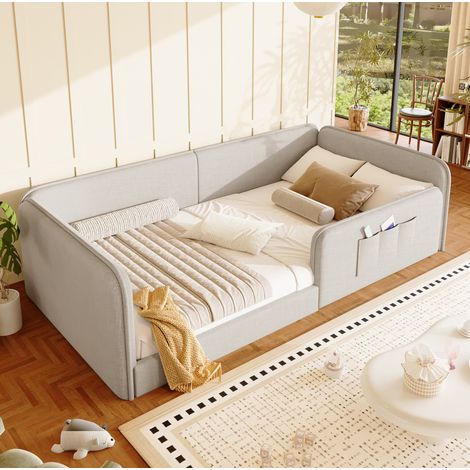 Letto per bambini 90x200 cm in lino con tasche portaoggetti, struttura imbottita e telaio di sicurezza - beige (1/5)