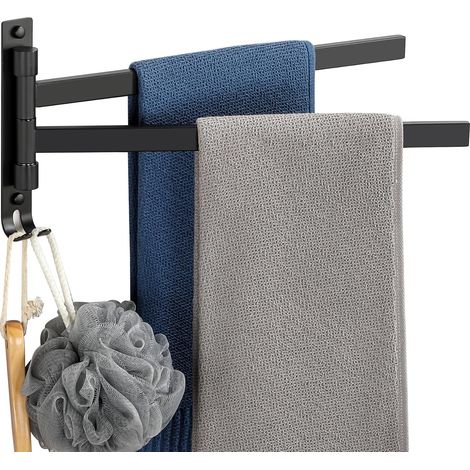 SAYAYO Porte Serviette avec 2 Barres 180° Rotatives, Support Sèche-Serviettes Mural en Acier Inoxydable SUS304, Idéal pour Salle de Bain et Cuisine, Noir Mat Montage par Vis, EGKN2520HD-2-B