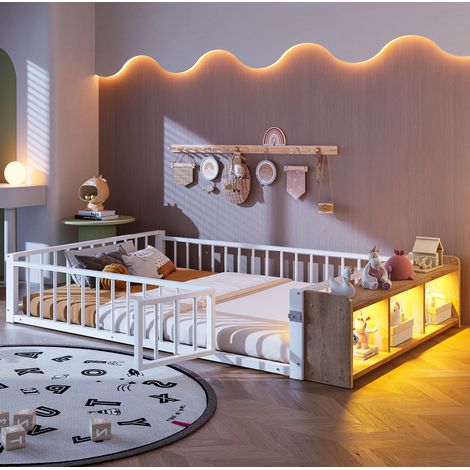 Lit enfant 140/200 cm blanc en métal et MDF avec rangement ouvert et éclairage LED (1/5)