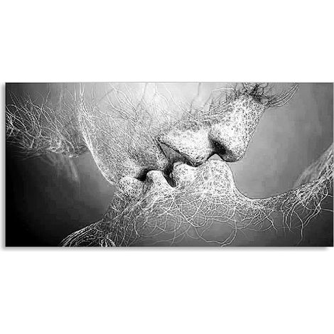Pintura al óleo sobre lienzo, Beso de amor, Decoración abstracta de pared en blanco y negro