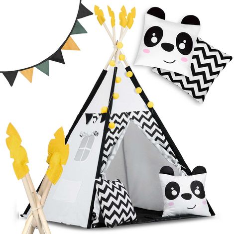 Tienda tipi para ninos con guirnalda y luces nukido blanco y negro con un panda