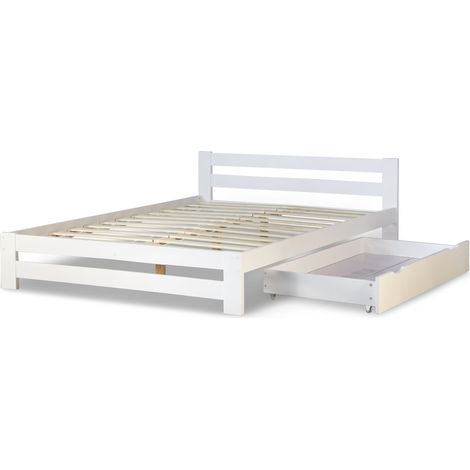 Cama doble para 2 personas 140x200 cm con cajones de almacenaje en madera blanca con somier de láminas LIT06212