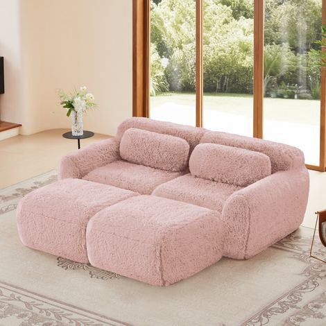 Canapé 2 Places Modulable en Tissu peluche 204x179x73 cm – Sofa avec Méridienne Combinable, Accoudoirs Ergonomiques, Base Antidérapante et Tissu Élastique – Rose