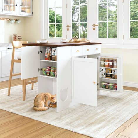 Carrito de cocina - 120 x 40-70 x 90 cm - con cajones, encimera deslizante y estante para especias - colores blanco y nogal (1/5)