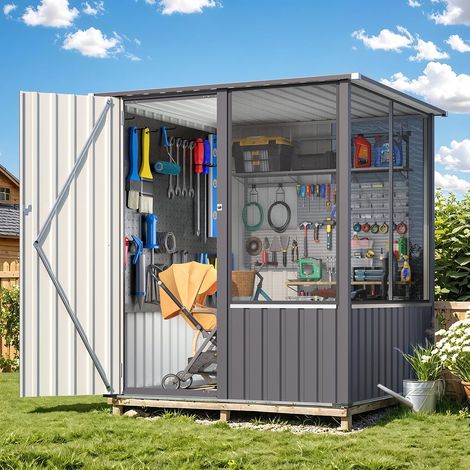 YODOLLA Gerätehaus, 163x158x174 cm Metall Geräteschuppen mit Schloss, Grau Gartenschrank wasserdicht mit Sichtfenster für Gartenwerkzeuge, als Voliere, Fahrradunterstand oder für den Garten (1/5)