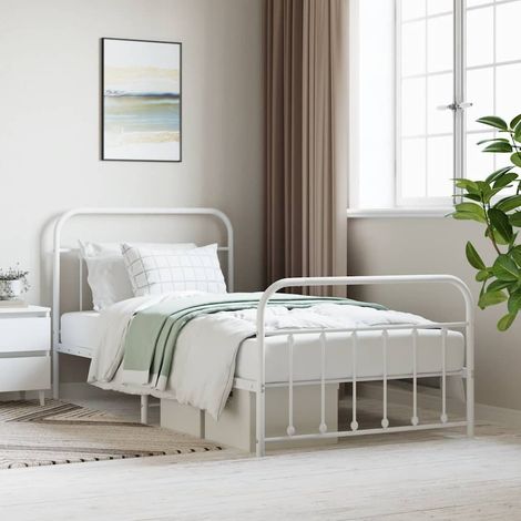 Cadre de lit métal sans matelas et pied de lit blanc 107x203 cm (1/5)