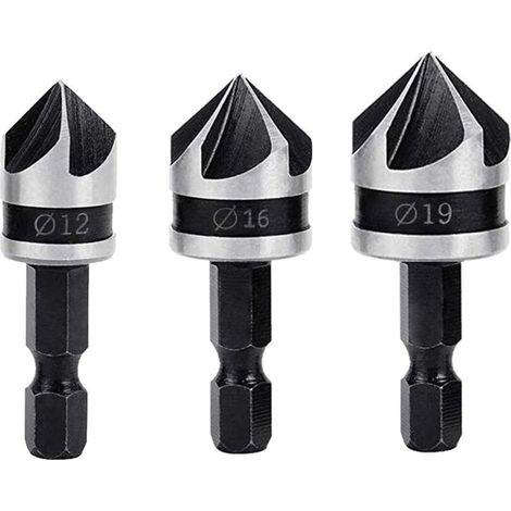 3 Pièces Fraises à Chanfreiner 90° - 5 Flûtes Coniques pour Noyer - Foret Hexagonal 1/4" en Acier au Carbone, Tailles 12mm / 16mm / 19mm pour Coupe et Chanfreinage du Bois (1/5)