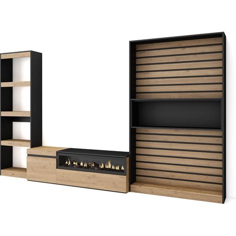 Skraut Home - Muebles de Salón para TV, Conjunto de muebles comedor, 320x186x35cm, Chimenea eléctrica, Estilo Moderno, Roble y negro (1/5)