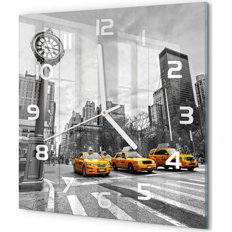 Horloge Murale Carrée Verre Trempé Design Épuré Silencieuse pour Intérieur Taxis de New York 30x30 cm (1/5)