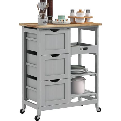Chariot desserte de cuisine à roulettes plan de travail en bois 3 tiroirs et 1 plateau amovible 67 x 37 x 85,5 cm gris