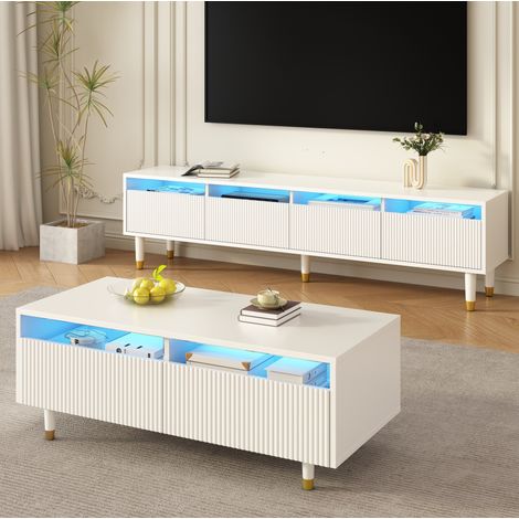 Set mobile TV e tavolino basso 178x35x45 cm e 110x50x40 cm con illuminazione LED e 6 cassetti, bianco (1/5)