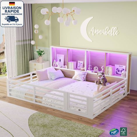 Letto a soppalco per bambini 140 x 200 cm - con rete a doghe e sponde - Vano portaoggetti sul lato del letto - Luci LED telecomandate - Legno certificato PEFC - Stile semplice - bianco (1/5)