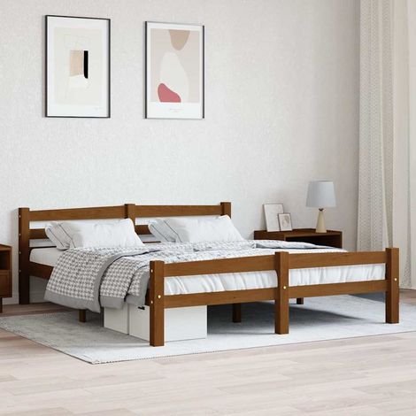 Cadre de lit 160 x 200 cm en pin massif marron miel avec sommier à lattes, sans matelas - PANGIVO (1/5)