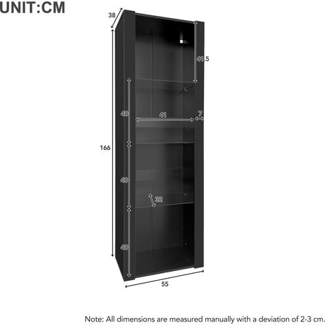 Vitrine haute en noir brillant avec éclairage LED, 3 étagères en verre, 55x38x166cm, meuble de rangement debout, armoire de présentation élégante (1/5)
