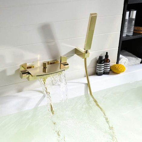 SJQKA Goldene Wand-Badewannenarmatur mit Wasserfallauslauf, Wandmontierte Badewannenarmatur für Badezimmer, Badewannenarmatur mit Handbrause, Badewannenmischer