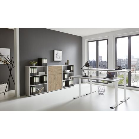 BMG Möbel Büromöbel-Set, e-Office Edition Set 14, Schreibtisch höhenverstellbar, 138 cm, grau/ gold harbor oak