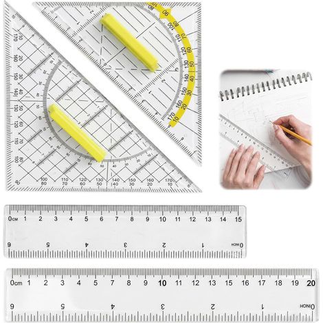 2PCS Équerre Avec PoignéE (16 Cm Et 22 Cm), 2PCS Règles (15 Cm Et 20 Cm), Règle Ergonomique Et Équerre, Rapporteur À Manche Fixe, Pour Étudiants, Bureau, Designer, Peinture (1/5)