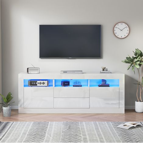 Meuble TV en panneaux de particules blanc brillant 160 x 35 x 60 cm avec LED, 3 niches, 2 portes et 2 tiroirs (1/5)
