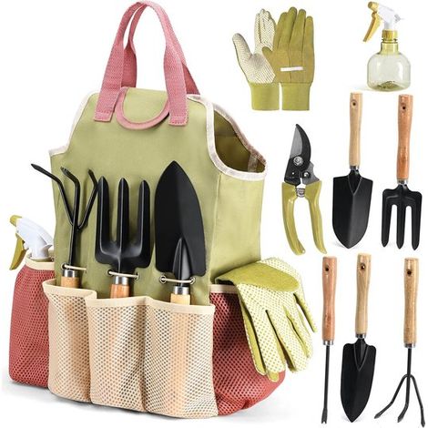 9-teiliges Gartengeräte-Set mit strapazierfähiger Aufbewahrungstasche aus Segeltuch, robustes Garten-Set aus Edelstahl mit Gartenschere (1/5)