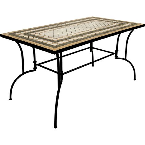 Table de salle à manger mosaïque classique – Structure métal peint – Dimensions 150 x 80 x 73 cm – Décoration en mosaïque pierre