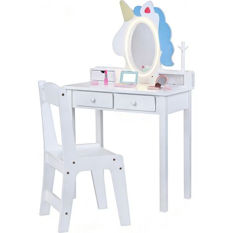COSTWAY Toeletta Trucco per Bambini a Unicorno con Specchio Ovale, Bianco (1/5)