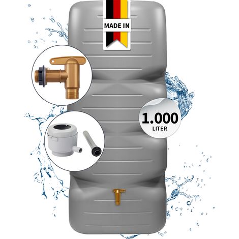 GARANTIA CUBUS Regentonne Komplett-Set 1000 Liter, betongrau inkl. Kunststoff-Auslaufhahn und Fallrohranschluss