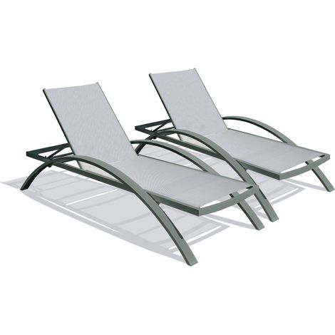 Dcb Garden – Lot de 2 bains de soleil empilables en toile plastifiée grise – Aluminium kaki – Dossier multi positions – Dimensions L 195 x l 74 x H 32 cm