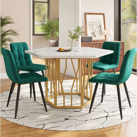 Conjunto de mesa y sillas de 5 piezas, mesa hexagonal efecto mármol, verde HAVRYA (1/5)