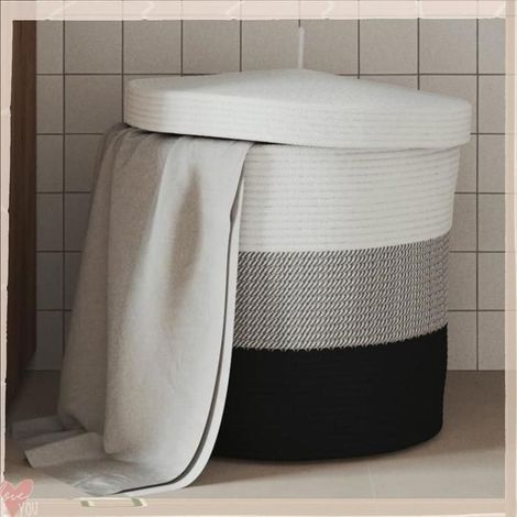 358499 Panier de rangement avec couvercle blanc et noir 40x35cm coton (1/5)