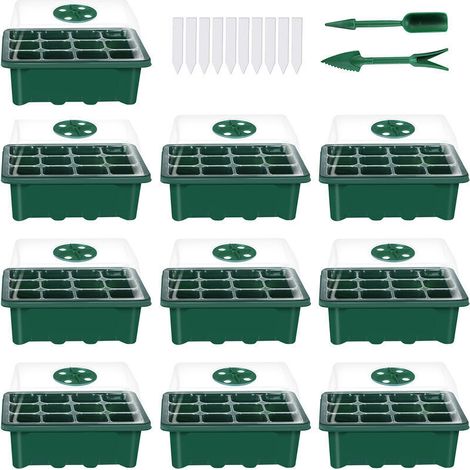 Set mit 10 Anzuchtschalen (12 Stück pro Schale) mit Deckel und verstellbarem Kuppelboden sowie einem Werkzeugset zur Pflanzenbeschriftung, Modell: grün