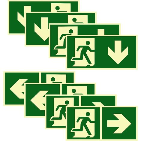 Lot de 8 Panneaux de Sortie de Secours Phosphorescents Autoadhésifs en PVC - Indicateurs Lumineux de Sécurité pour Évacuation en Intérieur et Extérieur, Résistant aux Intempéries et UV, 300x150 mm