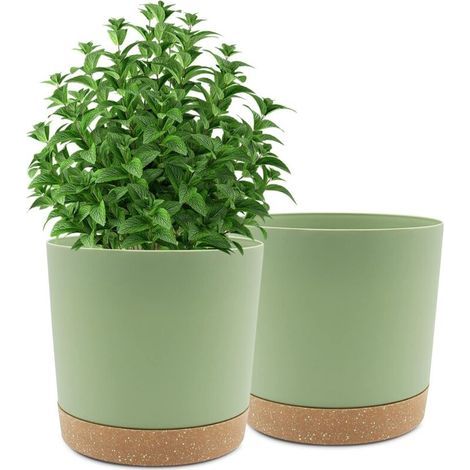 Set of 2 Plant Pots 25.4cm, Indoor Plant Pots with Drainage Holes and Removable Base, Modern Decorative Saucer for Outdoor Planters (Green 25.4cm) (1/4)