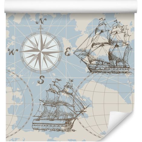Carta da parati con barche a vela davanti a mappe per soggiorno e camera da letto 50x1000 cm (1/5)