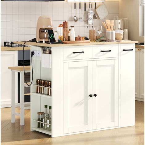 Kücheninsel 120 x 45-75 x 96 cm in Weiß mit ausziehbarer Arbeitsfläche, Steckdosen und Stauraum (1/5)