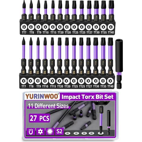 Star Torx Screwdriver Bits 1" 2" Long 1/4" Hex Shank S2 Steel Tamper Proof Screwdriver Bit Set with 2.3" Magnetic Bit Holder and Storage Box (1/5)