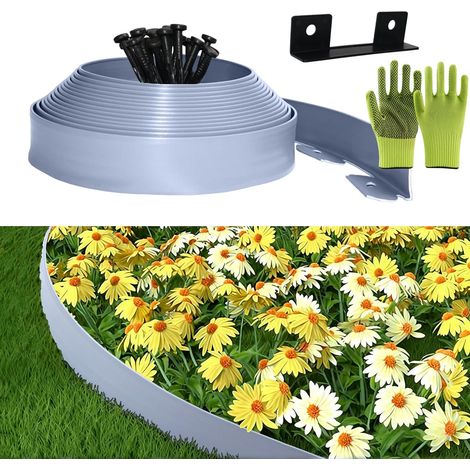 Bordure Jardin Exterieur, Bordure de Jardin Flexible Plastique 5cmx10m, Comprend 30 Pointes d'ancrage et 1 connecteurs Inclus, avec Une Paire de Gants, Bordures Jardin Décorative (Argenté, 5cmx10m)