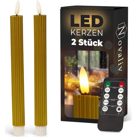 Bougies bâton LED avec minuterie GOLD Lot de 2 pour intérieur avec fonction minuterie 6 heures VRAIE CIRE nervurée 23 cm de hauteur pour bougies 2,2