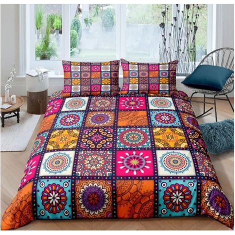 Housse de Couette Style Parure de Lit 90x190cm Coloré Grid Plaid Decor Parure Housse de Couette Hippie 3 pièces Multicolore - G06 (1/3)