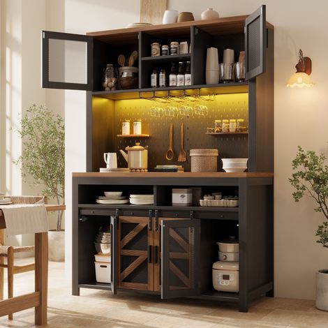 REDOM Aparador de cocina de 120x40x174,5 cm, iluminación LED multicolor, toma de corriente y puerto USB integrados, MDF negro.