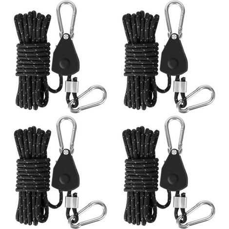(Black)Reflective Tent Rope, Set of 4 Tent Ropes with Pulley, Ø4mm Length 4m Camping Tent Rope, with Adjuster (1/5)