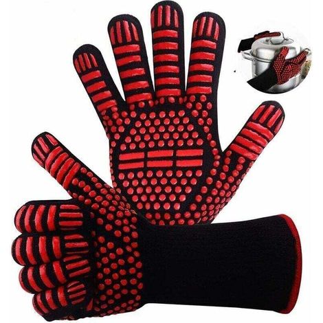 Gant Four,Gant Anti Chaleur,Gant Barbecue 800 °C Gant pour Four Anti Chaleur Silicone Résistant à Chaleur et Antidérapant pour la Cuisine / Patisserie / Barbecue (Rouge) (1/4)