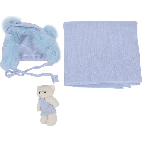 Lot doux pour nouveau-né, 3 pièces fond photo bébé, couverture bleu clair, chapeau poupée, tenue déguisement pour tout-petit (1/5)