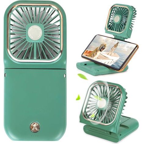 5-in-1 Mini Portable Fan with Power Bank, USB Charging, 3000 mAh, 3 Adjustable Speeds, Neck Strap, Green (1/5)