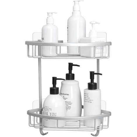Metal Shower Corner Shelf with 4 Hooks, No Drilling for Bathroom (White) (1/5)